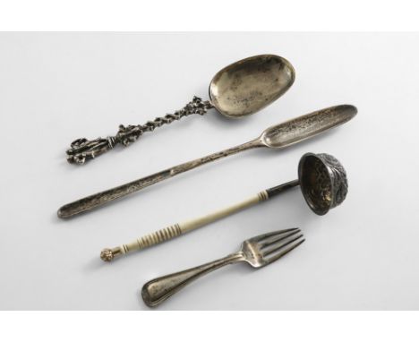 A GEORGE III MARROW SCOOP crested, marks distorted, a William IV toddy ladle with a turned ivory handle, an 18th century Dutc