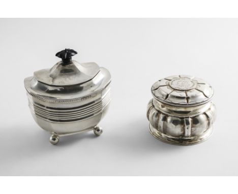 A LATE VICTORIAN SILVER TEA CADDY on ball feet with a domed cover, by T. Bradbury, London 1898 and a silver tea caddy of squa