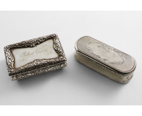A WILLIAM IV RECTANGULAR SILVER SNUFF BOX with raised floral borders and chased convex sides, inscribed "Robert Young", by Na