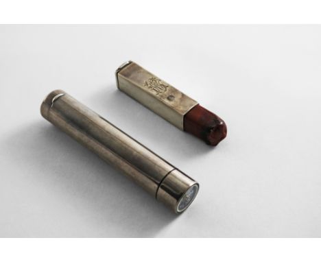 A LATE VICTORIAN SILVER VESTA CASE AND SEALING WAX HOLDER square section monogrammed, maker's mark worn, retailed by "J.C. Vi