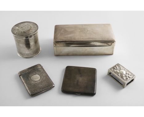 A MIXED LOT:- A rectangular cigarette box with a low-domed cover, monogrammed, by Joseph Braham, London 1911 (wood lining), a