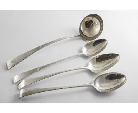 A GEORGE III IRISH SOUP LADLE crested, by John Shiels, Dublin 1803, two George III Irish basting spoons (one crested) and a H