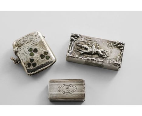 A LATE VICTORIAN SILVER RECTANGULAR VESTA CASE with a horse-racing scene in relief on the front &amp; a flip cover, by W. Nea