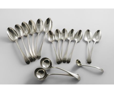 OLD ENGLISH PATTERN:- A set of six table spoons and five dessert spoons, crested, by Thomas Watson, London 1791, a pair of sa