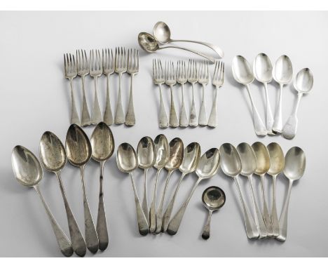 A MIXED LOT OF FLATWARE:- Various dates &amp; makers, the majority George III - Victorian period to include:  Six table forks