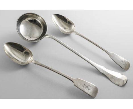 A LATE 18TH CENTURY BELGIAN SILVER SOUP LADLE with a shaped terminal, initialled "VR" on the reverse, maker's mark "EDP" or "