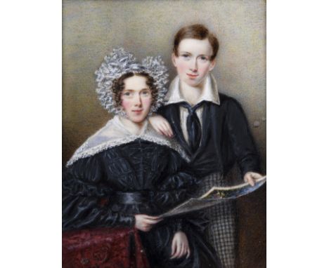 ATTRIBUTED TO BENJAMIN WEST JNR. (1772-1848) Miniature portrait of Margaret Harris and her son holding a painting, on ivory; 