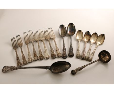 AN EARLY VICTORIAN PART-SERVICE OF KING'S PATTERN FLATWARE TO INCLUDE:- Two table spoons, eight table forks, four dessert spo