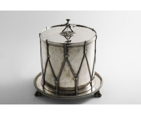 A VICTORIAN ELECTROPLATED NOVELTY BISCUIT BOX in the form of a drum with corded wire tensioners &amp; border and stacked cann