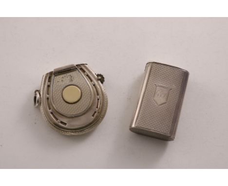 A VICTORIAN SILVER HORSESHOE SHAPED VEST CASE &amp; SLOW-MATCH HOLDER with engine-turning, a knurled wheel on the side and a 