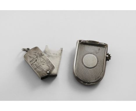 A VICTORIAN ENGINE-TURNED SILVER VESTA CASE &amp; SLOW MATCH HOLDER curved at one end, with a knurled wheel on the side, by H