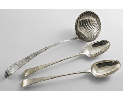 A PAIR OF GEORGE III OLD ENGLISH PATTERN BASTING SPOONS crested, by Thomas &amp; William Chawner, London 1769, and a George I