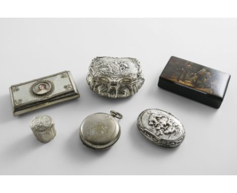 A LATE 19TH CENTURY CONTINENTAL SILVER DECORATIVE BOX of cartouche form, c.1900, a 19th century papier mache snuff box with a