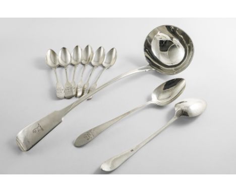 A WILLIAM IV IRISH SOUP LADLE Fiddle Rattail pattern, crested, by James Brady, Dublin 1835, a set of six Irish tea spoons, sa