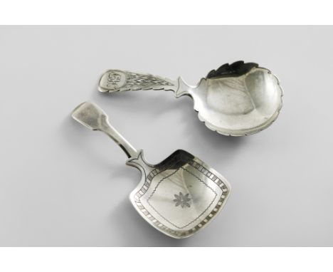 A GEORGE III FIDDLE PATTERN CADDY SPOON with a shaped square bowl, decorated with border engraving, by Edward Furnice, London