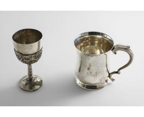 A MID 20TH CENTURY BALUSTER MUG with a scroll handle, by E. Viner, Sheffield 1959 and a Chinese goblet with a simulated bambo