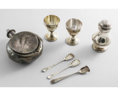 A GEORGE II BUN-TOP PEPPER of baluster form with a moulded girdle, by Samuel Welles, London 1744, a pair of George III egg cu