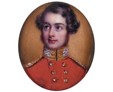 HENRY COLLEN Miniature portrait of an officer of the Scots Fusilier Guards c.1820, wearing red coat, on ivory;  3.5 x 3 cms