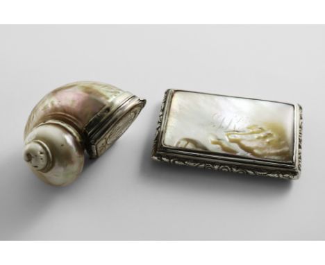 A LATE 18TH CENTURY SILVER-MOUNTED NATURAL SHELL SNUFF BOX with engraved cartouche &amp; initials on the cover, unmarked c.17