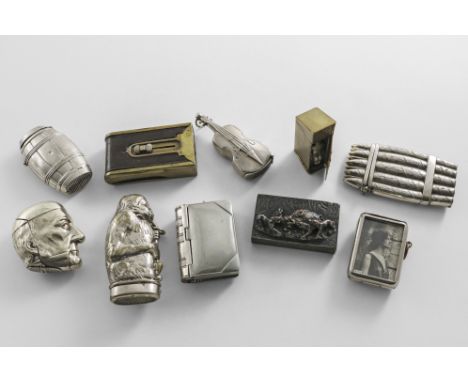 AN ASSORTMENT OF TEN LATE 19TH / EARLY 20TH CENTURY FIGURAL AND OTHER VESTAS  in nickel-plate, brass and silver-plate to incl