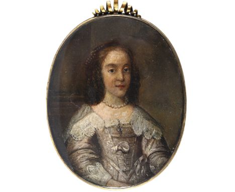 SPANISH SCHOOL 17TH CENTURY Miniature portrait of a lady believed to be Isabella of Spain, wearing grey silk dress, probably 