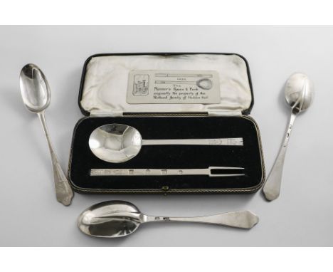 THE MANNER'S SPOON &amp; FORK:- An early 20th century notched puritan spoon and two-prong fork (reproductions of a Charles I 