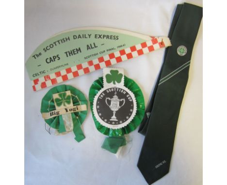 CELTIC MISCELLANY    Small collection  of Celtic memorabilia, a Green Celtic club tie with badge, Celtic Scottish Cup rosette
