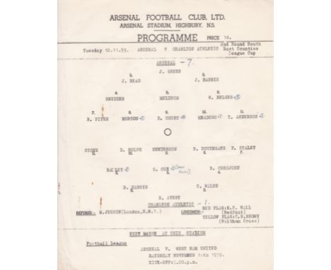 ARSENAL       Official single sheet programme for the home South East Counties League Cup match v. Charlton Athletic 10/11/19