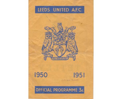 LEEDS UNITED       Programme for the home FA Cup tie v. Middlesbrough 6/1/1951, horizontal fold and staple removed.   Fair to