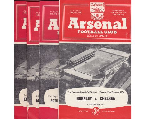ARSENAL - NEUTRAL    Five Arsenal programmes for games played at Highbury in the 50s. Burnley v Chelsea 55/6 (Cup 3rd Replay)