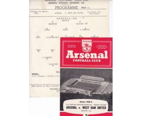 ARSENAL V. WEST HAM UNITED      Two programmes for Youth Cup matches played at Arsenal, 7/3/1961 single sheet and 23/4/1959 S