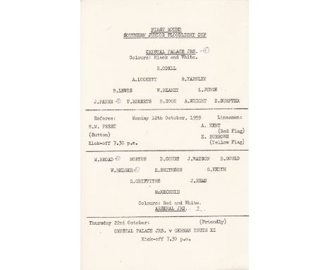 ARSENAL         Official single sheet programme for the away Southern Junior Floodlight Cup match v. Crystal Palace 12/10/195