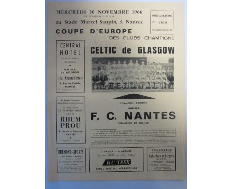 NANTES - CELTIC 1966   Official programme, Nantes v Celtic, 30/11/66, European Cup four page issue in the season that Celtic 