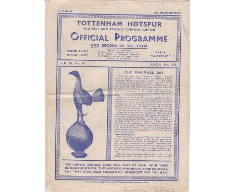 TOTTENHAM HOTSPUR V. ARSENAL 1948      Programme for the "A" team Friendly at Tottenham 13/3/1948 which is heavily folded, sl