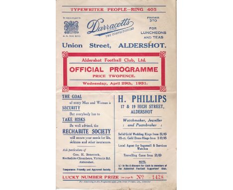 ALDERSHOT    Programme Aldershot v London Combination XI 29 Apr 1931. This match was put on to celebrate Aldershot winning th