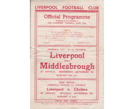 LIVERPOOL      Programme for the first home League match after WWII v. Middlesbrough 4/9/1946 in Liverpool's Championship sea