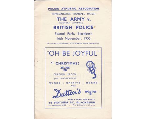 BLACKBURN   The Army v British Police at Blackburn, programme dated 16 Nov 1955. Score, scorers, team change.    Generally go