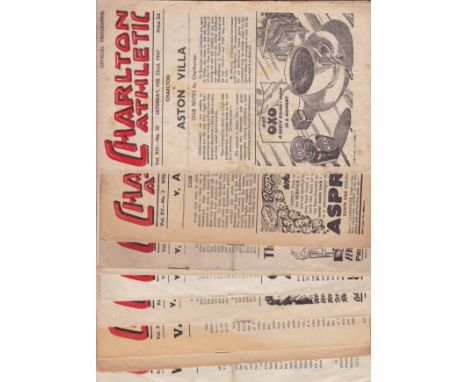 CHARLTON  40s   Ten home programmes, all forties, 46/7 v Aston Villa, 47/8 v Arsenal, Preston, Bolton, Stockport (Cup), Stoke