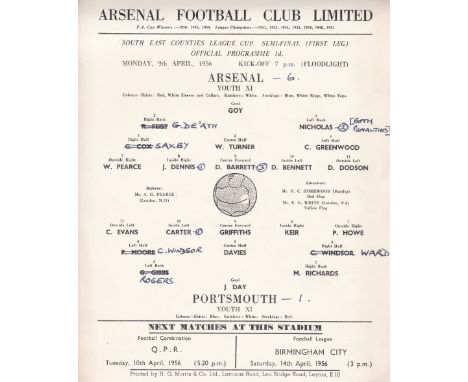 ARSENAL       Official small single sheet programme for the home South East Counties League Cup Semi-Final 1st Leg match v. P