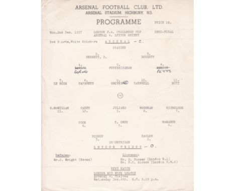 ARSENAL       Official single sheet programme for the home London Challenge Cup semi-Final v. Leyton orient 2/12/1957 with an
