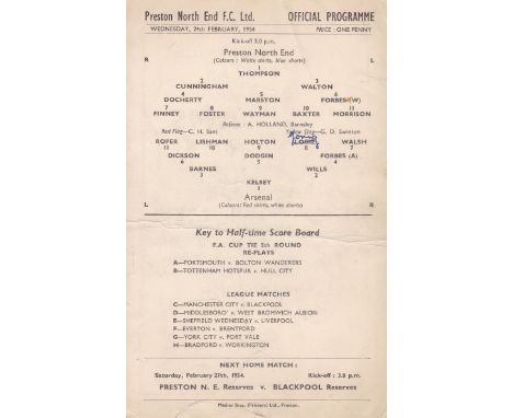 ARSENAL         Scarce single card programme for the away match v. Preston North End 24/2/1954, slight horizontal crease and 