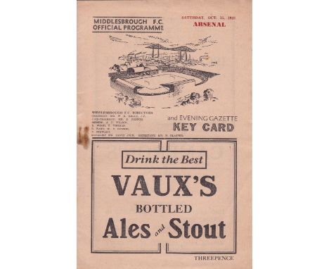 ARSENAL        Programme for the away match v. Middlesbrough 15/10/1949, slightly marked and team changes.   Generally good