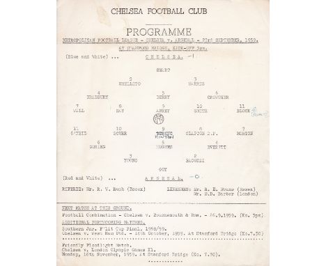 CHELSEA V. ARSENAL 1959      Official single sheet programme for the Metropolitan League match played at Stamford Bridge 23/9