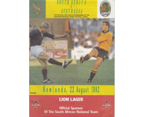 RUGBY - SOUTH AFRICA v AUSTRALIA 1992   Programme for Test Match at Newlands, 22/8/1992, South Africa v Australia. Programme 