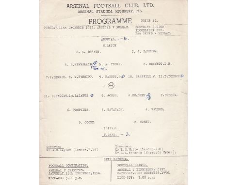 ARSENAL        Official single sheet programme for the home Southern Junior Floodlight Cup match v. Fulham 11/12/1956 with an