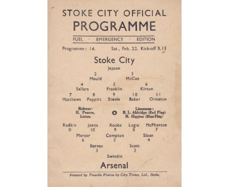 ARSENAL      Programme for the away League match v. Stoke City 22/2/1947. Scarce Fuel Emergency edition small single sheet wi