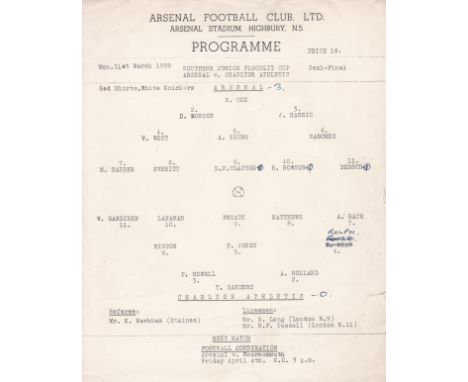 ARSENAL        Official single sheet programme for the home Southern Junior Floodlight Cup Semi-Final match v. Charlton Athle