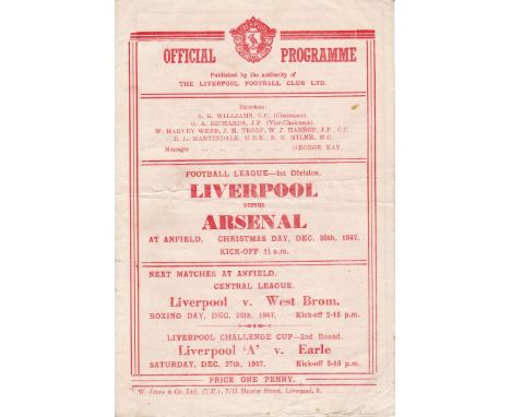 LIVERPOOL V. ARSENAL       Programme for the League match at Liverpool 25/12/1947 in Arsenal's Championship season, horizonta