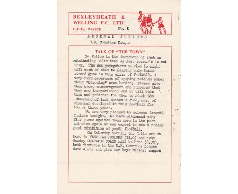 ARSENAL       Official programme for the away South East Counties League match v. Bexleyheath & Welling 27/8/1959 with annota