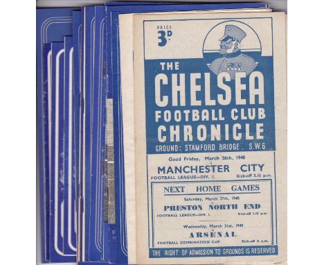 CHELSEA        Fourteen programmes for matches played at Stamford Bridge. Twelve homes v. Man. City 47/8, Bolton 48/9, v. Wol